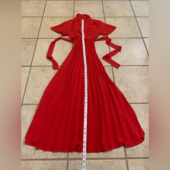 Vintage Made in Italy Red Pleated Maxi Dress Wrap V-Neck Wide Sleeves Tie Waist - Picture 6 of 7